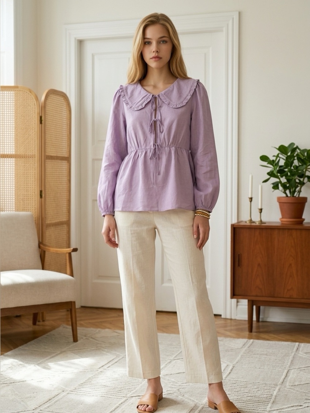 NWT Zesica Mauve Purple Ruffled Peter Pan Collar Peplum Blouse Women’s Medium